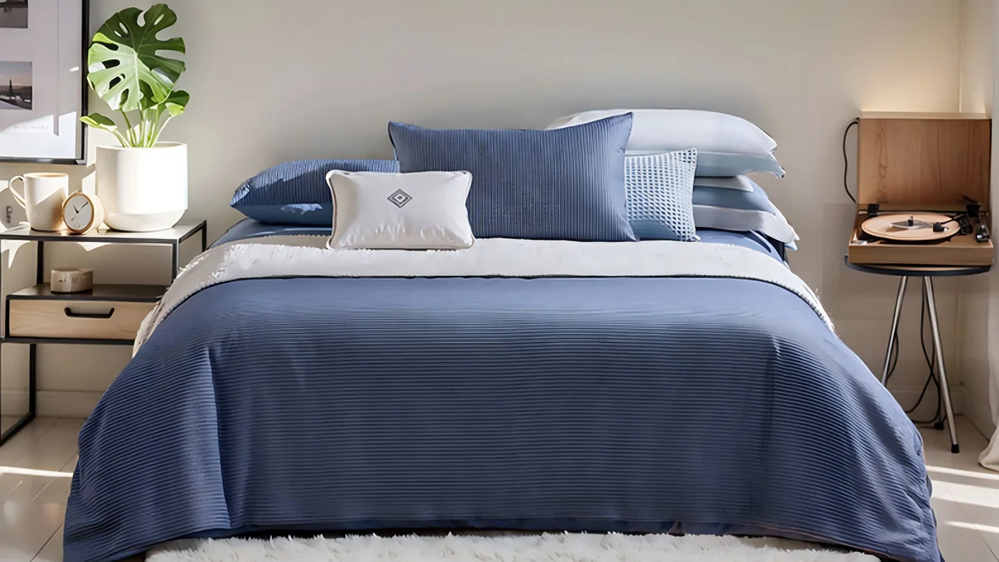 Blue coordinated bedding and decorative cushions for a home textile collection