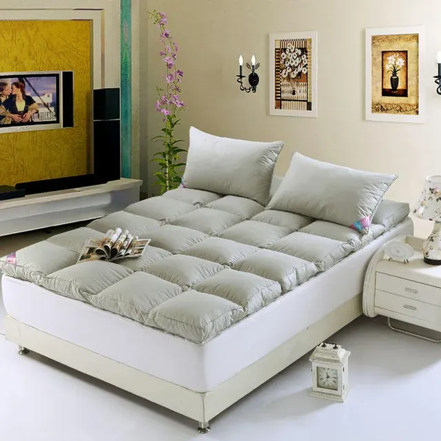 Wedge Wave Quilted Gray Luxury Goose Feather Filling Bed Mattress Topper by FNH