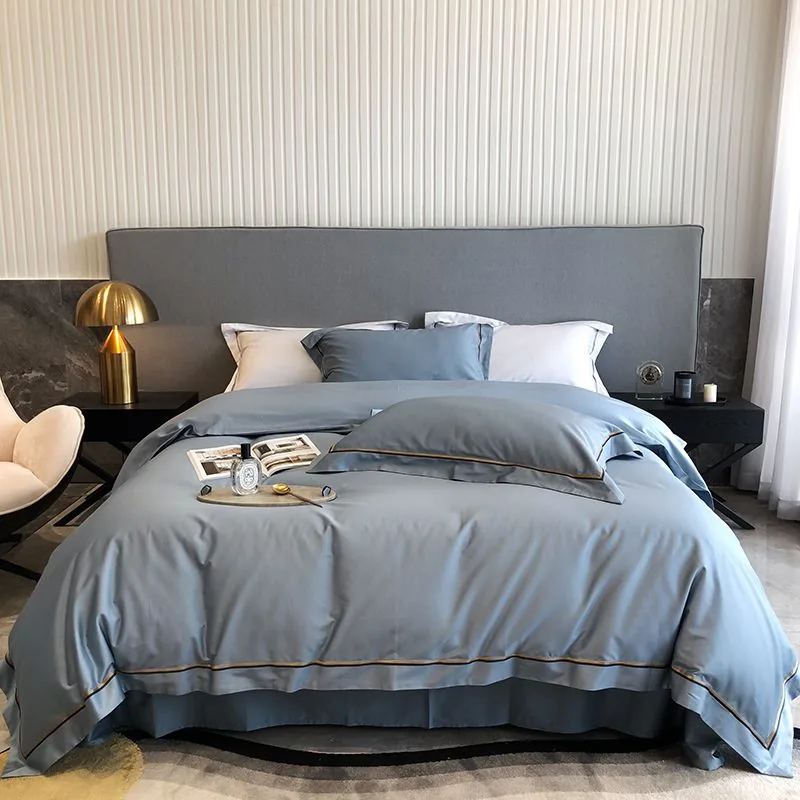 Luxurious Gray Embroidery Twin Cotton Fabric Hospitality Bedding Set by FNH