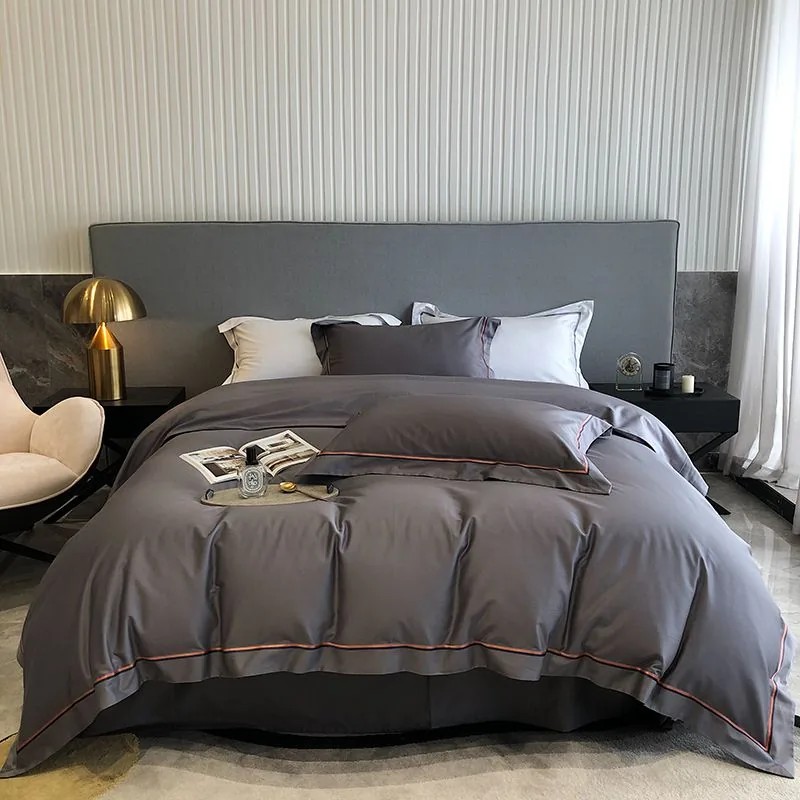 Dark Gray Embroidery Double Cotton Fabric Hospitality Bedding Set by FNH