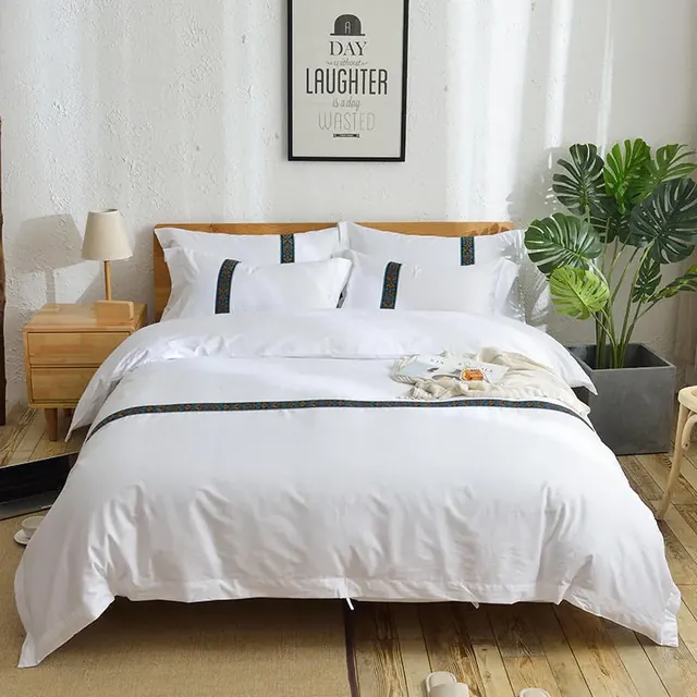 White Ribbon Embroidery Cotton Inn Bedding Set by FNH